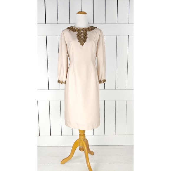 Vintage 1950s Ranees Clothiers gold beaded champagne long sleeve shift dress - Picture 10 of 10